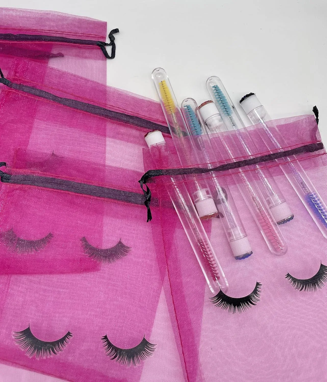 100 Pack Eyelash Aftercare Bags Eye Lash Makeup Bags Drawstring Mesh Empty Beauty Gift Bags Cosmetic Bag Organza Pouch for Women Girls Makeup Jewelry Supplies, Rose Plus Black, 5 x 7 Inches,