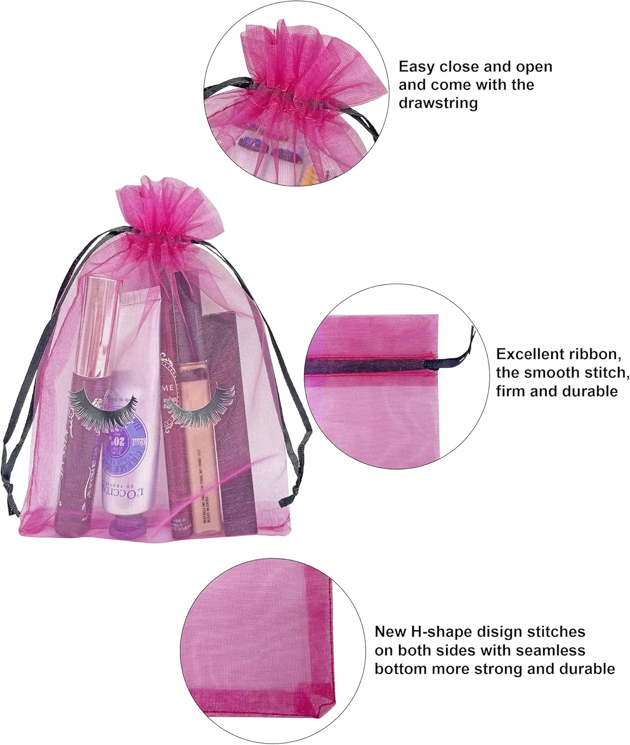 100 Pack Eyelash Aftercare Bags Eye Lash Makeup Bags Drawstring Mesh Empty Beauty Gift Bags Cosmetic Bag Organza Pouch for Women Girls Makeup Jewelry Supplies, Rose Plus Black, 5 x 7 Inches,
