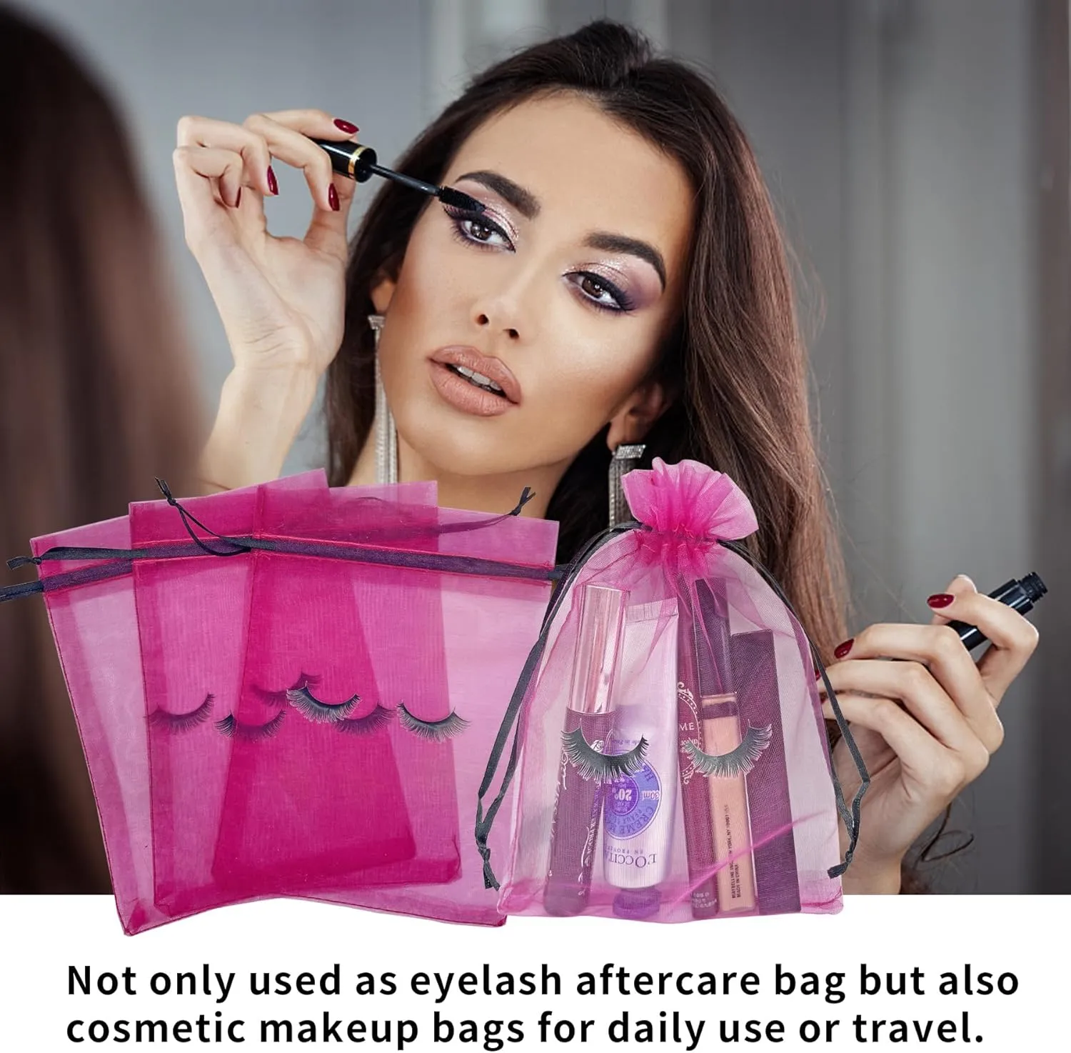 100 Pack Eyelash Aftercare Bags Eye Lash Makeup Bags Drawstring Mesh Empty Beauty Gift Bags Cosmetic Bag Organza Pouch for Women Girls Makeup Jewelry Supplies, Rose Plus Black, 5 x 7 Inches,