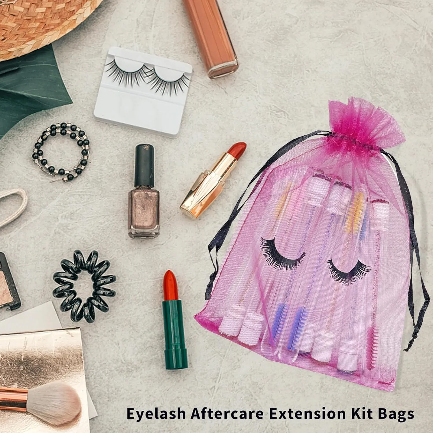 100 Pack Eyelash Aftercare Bags Eye Lash Makeup Bags Drawstring Mesh Empty Beauty Gift Bags Cosmetic Bag Organza Pouch for Women Girls Makeup Jewelry Supplies, Rose Plus Black, 5 x 7 Inches,
