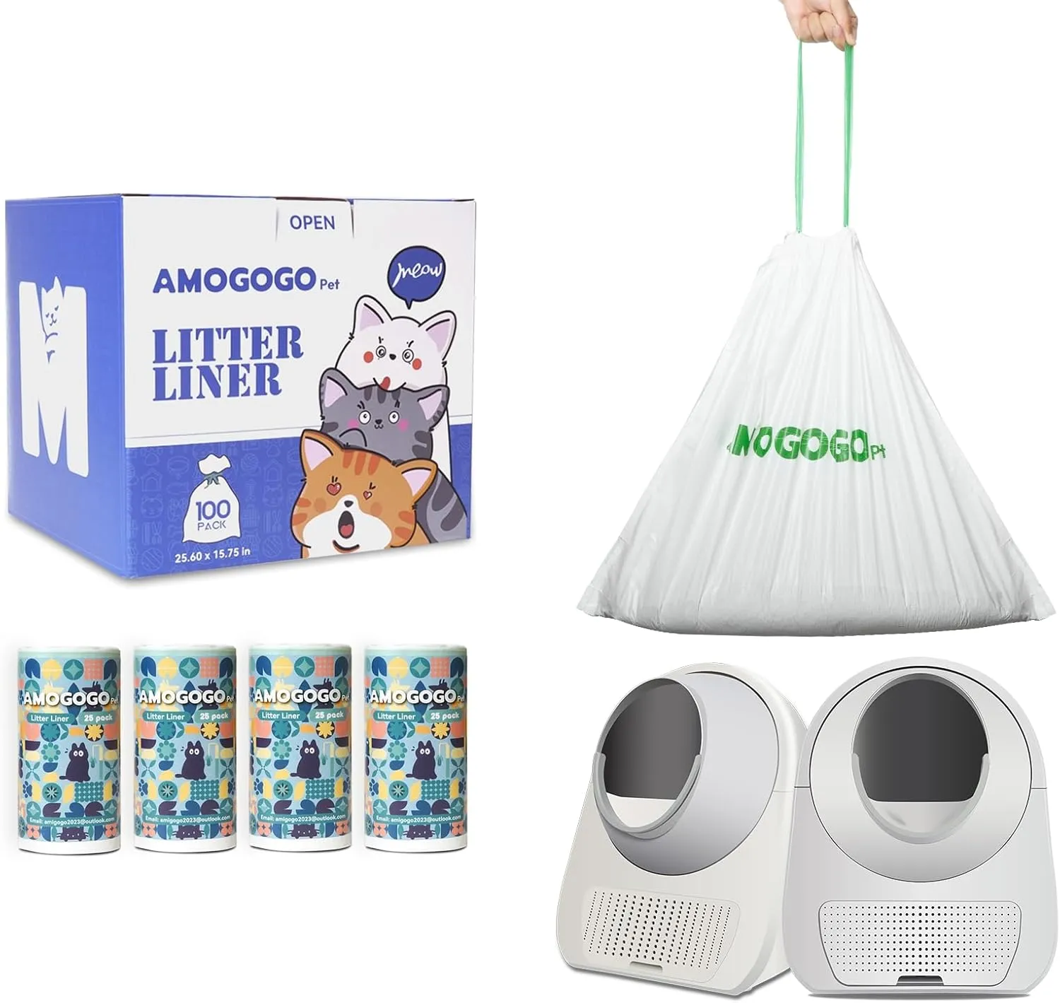 100 Pack Litter Box Bags, Compatible with Self Cleaning Litter Box Scooper Young & Luxury Pro & Ultra, Automatic Litter Box Liners, Replacement Trash Bags with Drawstring, 25.59" x 15.75"