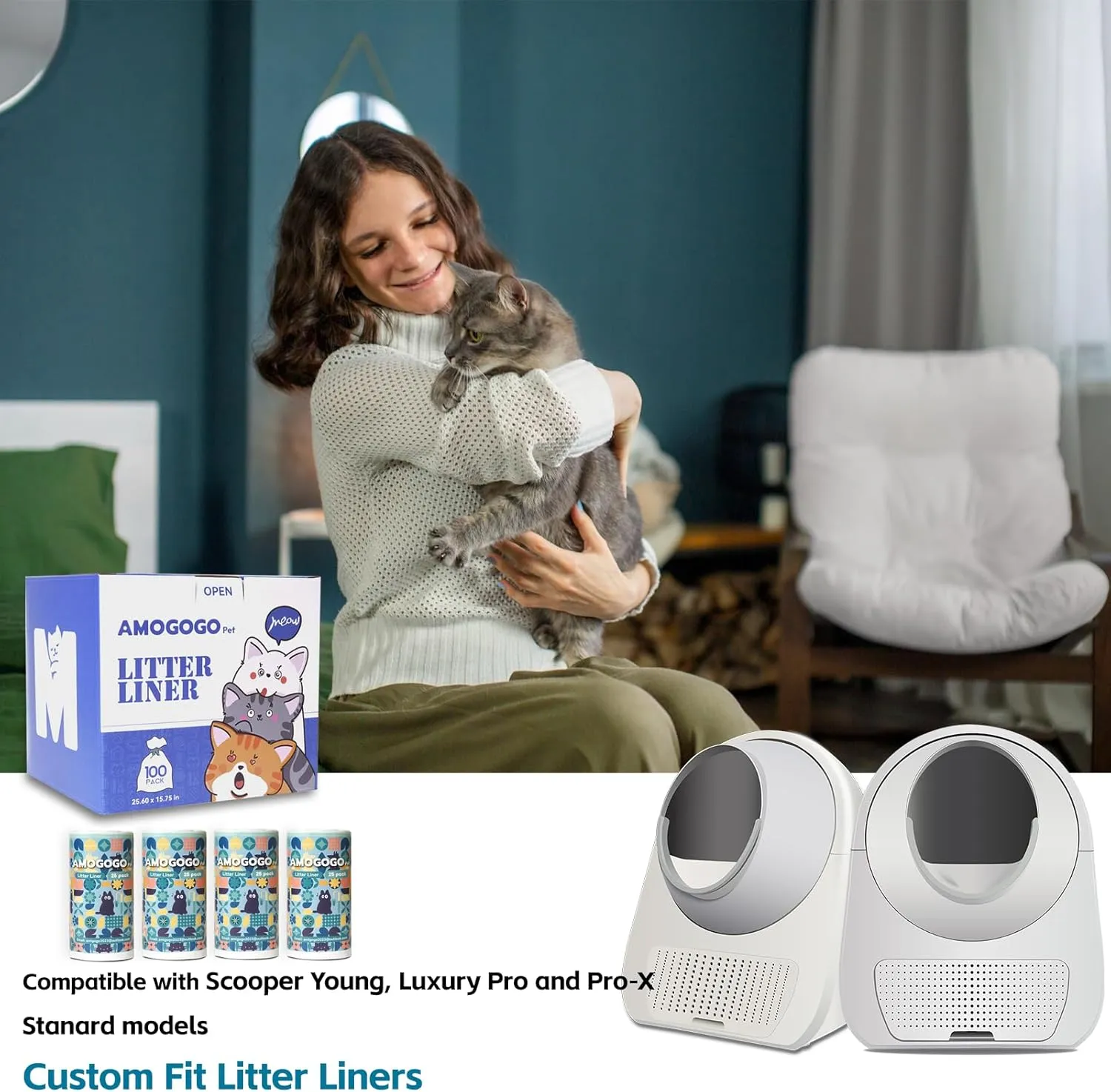 100 Pack Litter Box Bags, Compatible with Self Cleaning Litter Box Scooper Young & Luxury Pro & Ultra, Automatic Litter Box Liners, Replacement Trash Bags with Drawstring, 25.59" x 15.75"