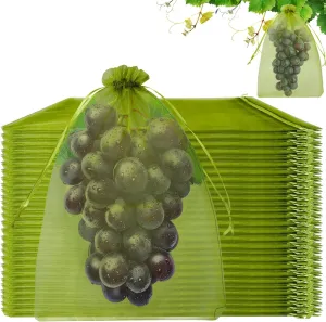 100 PCS 8"x12" Reusable Fruit Protection Bags, Green Drawstring Mesh Bags for Fruit Trees, Garden Plant Netting Cover, Pest Barrier for Grapes, Apples, Mangoes, Vegetables, and Flowers
