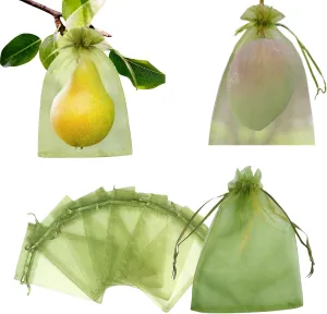 100pcs Fruit Protection Bags, Green Netting Cover Bags Drawstring Mesh Fruit Protectors Pest Barrier for Grapes Mango Tomatoes Fruit Trees Veggies Garden (6x9)