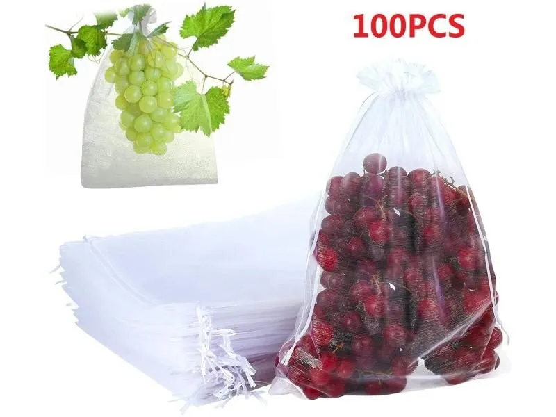 100Pcs Grape Fruit Protection Bags Garden Netting Bag With Drawstring