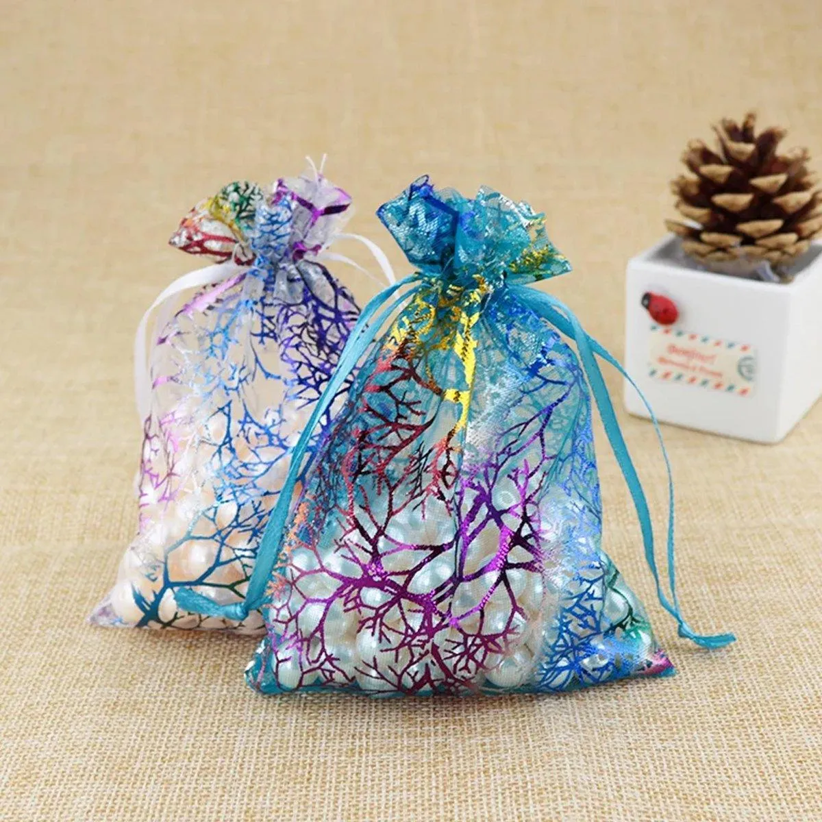 100X Coral Organza Bag Sheer Bags Candy Packaging Jewellery Gift Wedding Pouch