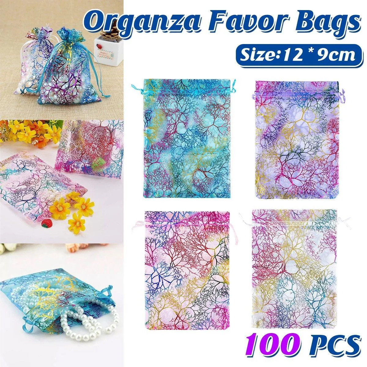 100X Coral Organza Bag Sheer Bags Candy Packaging Jewellery Gift Wedding Pouch