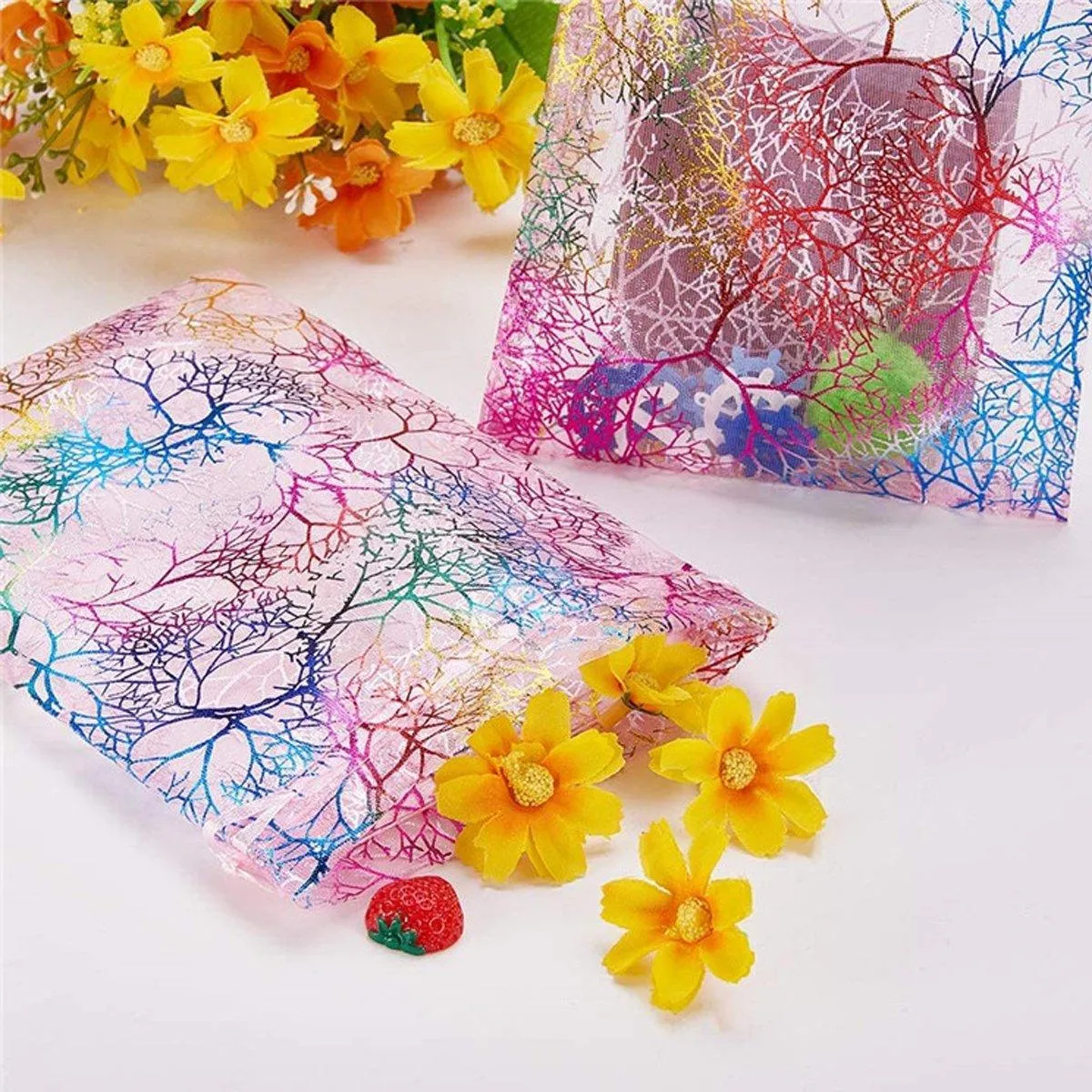 100X Coral Organza Bag Sheer Bags Candy Packaging Jewellery Gift Wedding Pouch