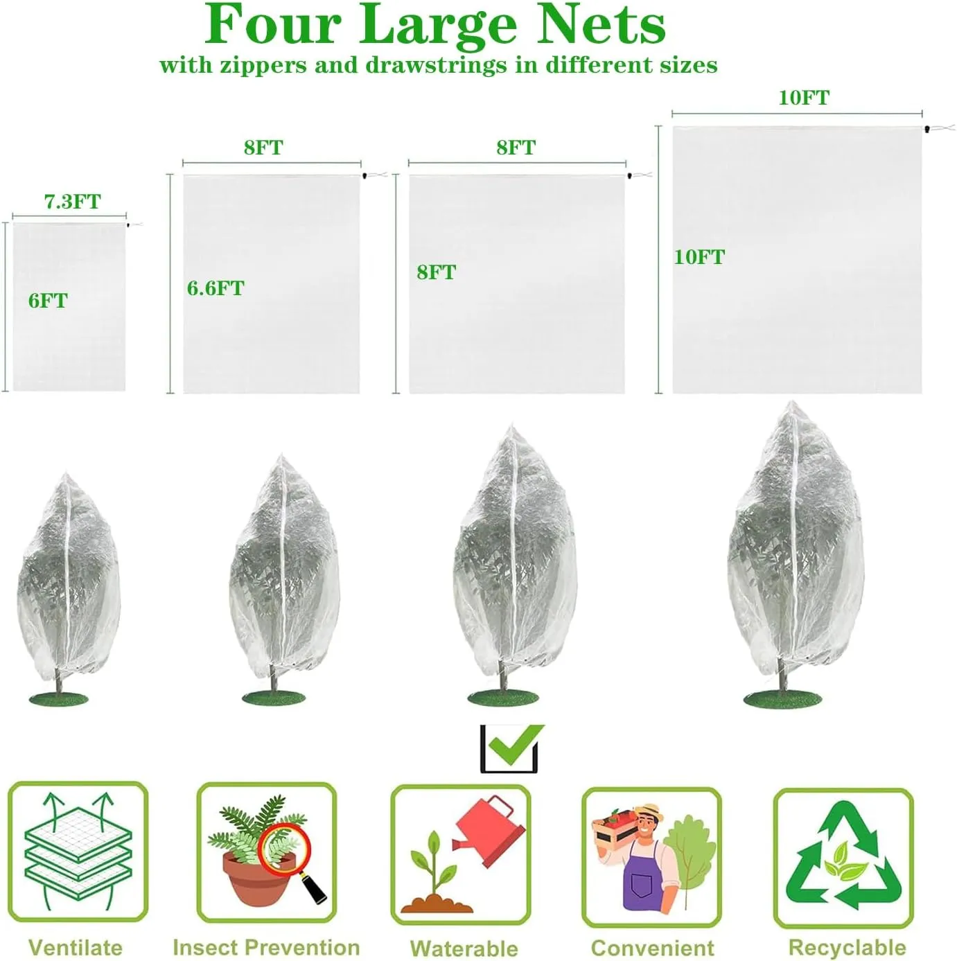 10×10Ft Large Fruit Tree Netting Cover with Drawstring/Zipper- Bird Garden Mesh Netting Protect Tomato Blueberry Bushes Strawberry from Cicada/Insect/Bug/Squirrel, Plant Netting Cover Pest Barrier