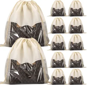 12 PCS Dustproof Drawstring Bags,Breathable Non-Woven Fabric Drawstring Dust Covers,Storage Bags Dust Bag for Handbags Shoes Purses,Beige