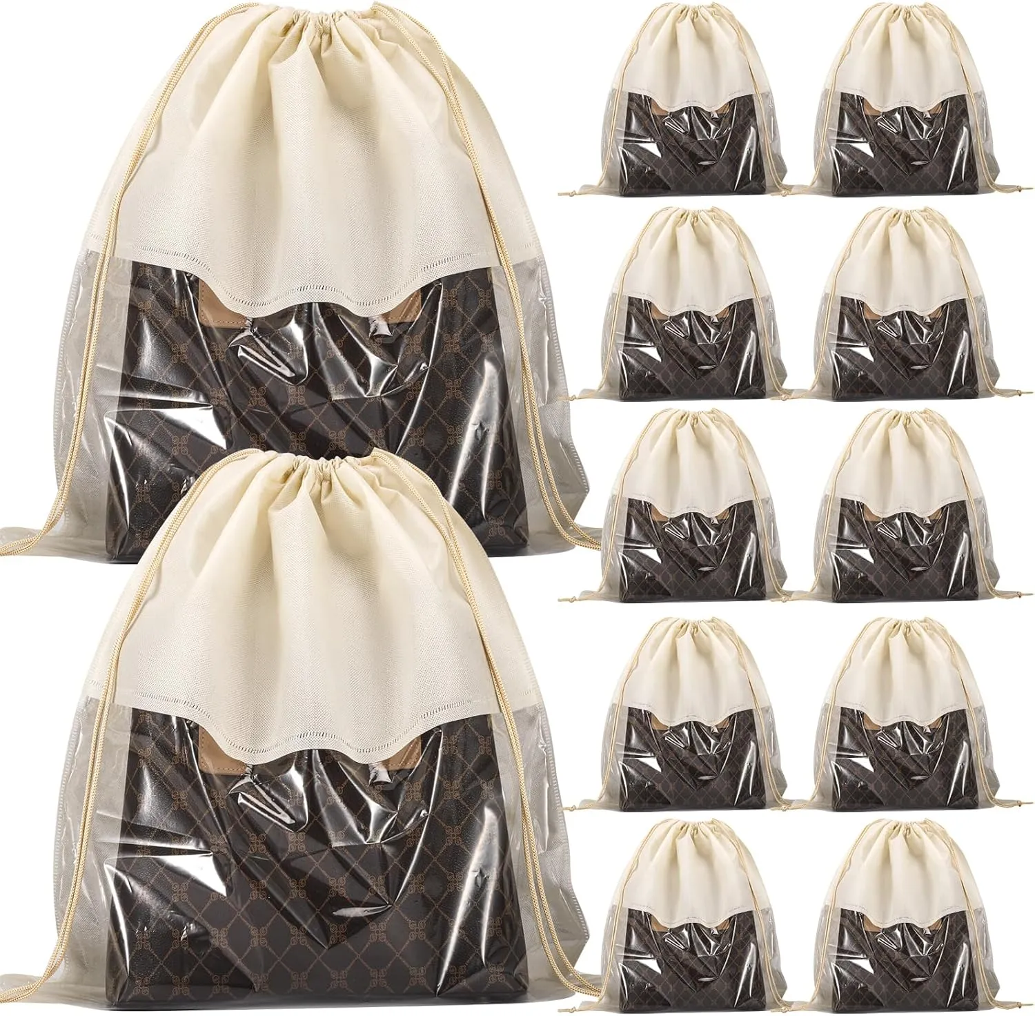 12 PCS Dustproof Drawstring Bags,Breathable Non-Woven Fabric Drawstring Dust Covers,Storage Bags Dust Bag for Handbags Shoes Purses,Beige