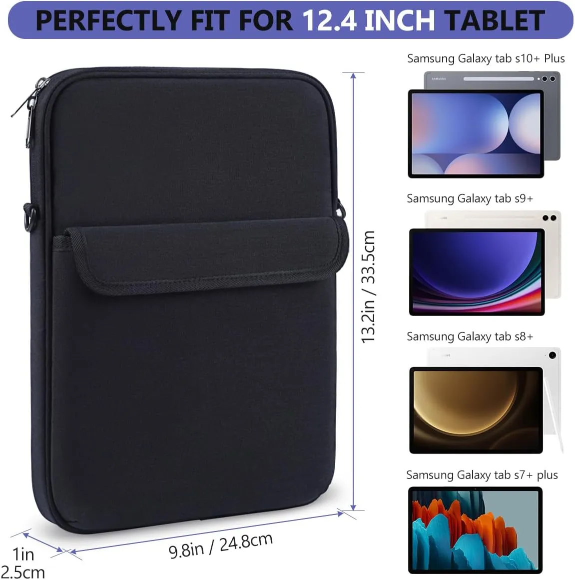 12.4 Inch Tablet Sleeve Bag for 2024 Samsung Galaxy Tab S10  Plus 12.4"/S9  Plus/Galaxy Tab S9 FE /Galaxy Tab S8 /Galaxy Tab S7 FE/Galaxy Tab S7 /Galaxy S7  Plus Carrying Case with Shoulder(Black)
