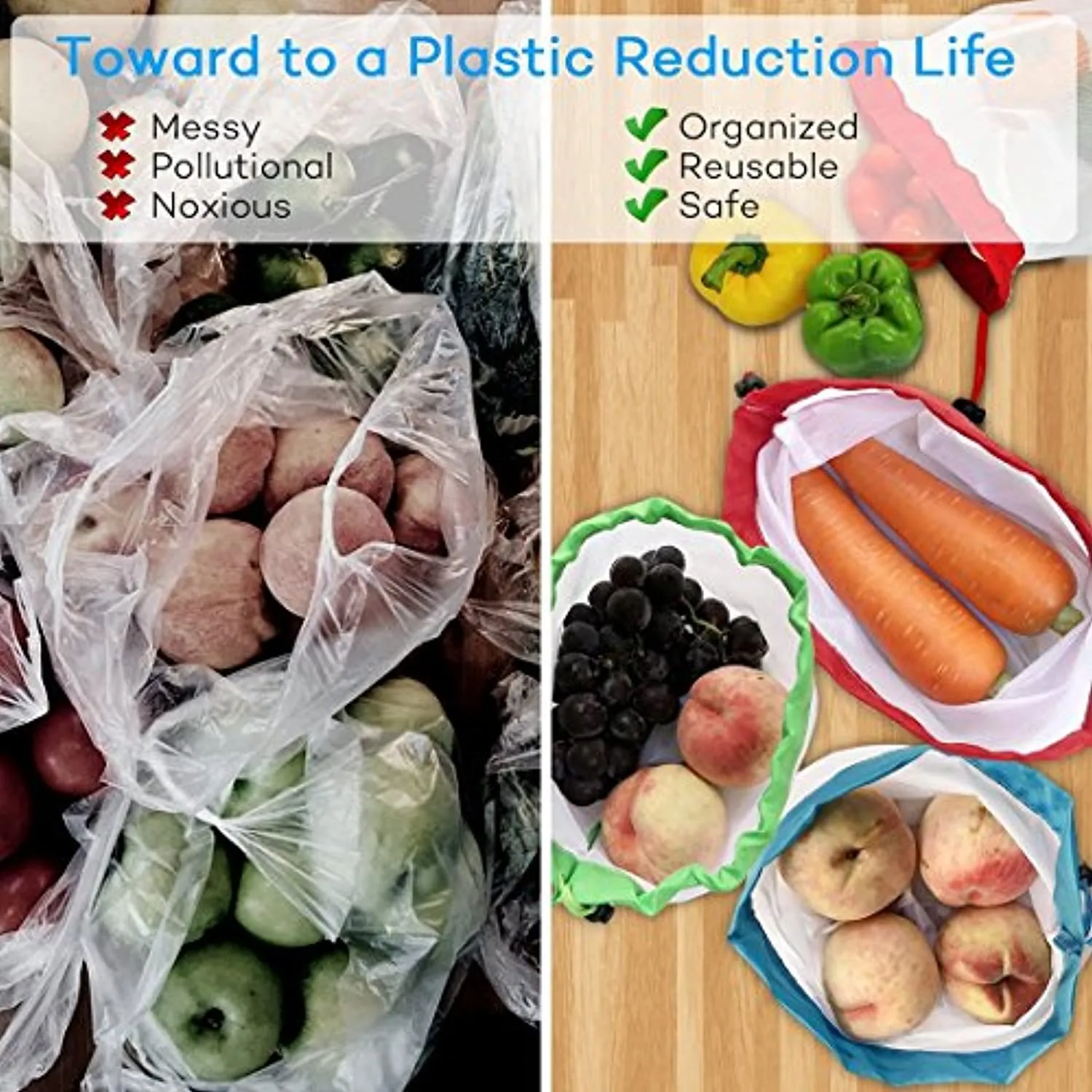 12Pcs Reusable Mesh Produce Bags for Grocery Shopping and Storage Fruit Vegetable and Toys Set