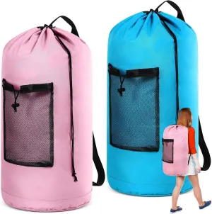 2 Pack XL Travel Laundry Backpack Extra Large Travel Laundry Bag with Adjustable Shoulder Straps and Mesh Pocket Washable Dirty Clothes Bag for College, Apartment(Blue, Pink)