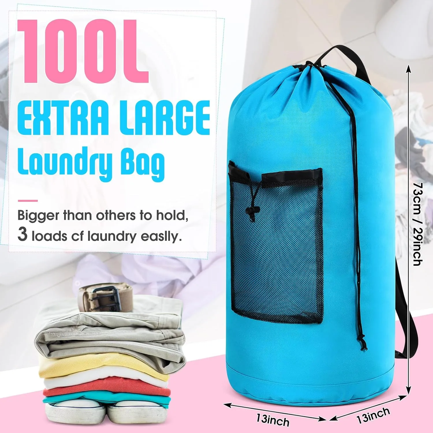 2 Pack XL Travel Laundry Backpack Extra Large Travel Laundry Bag with Adjustable Shoulder Straps and Mesh Pocket Washable Dirty Clothes Bag for College, Apartment(Blue, Pink)