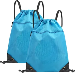 2 Pieces Drawstring Backpack Bag, Waterproof Drawstring Gym Bag, Draw String Back Sack with Zipper Pocket, Cinch Bags Sports Backpack String Sackpack Swim String for Men Women (Light Blue)