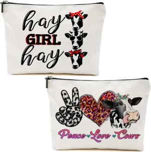 2pcs Cow Gifts Funny Western Cosmetic Bags for Women Funny Cow Print Stuff Makeup Bag Western Gifts for Women Sisters Friends Christmas Birthday Gift Cows Zipper Bags Travel Pouch