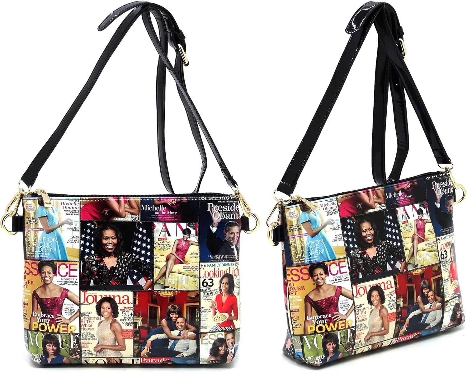2PCS SET Michelle Obama Magazine Collage 2-in-1 Hobo, Satchel Bag,Crossbody, Clutch,Wallet 2pcs set