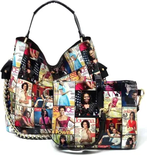 2PCS SET Michelle Obama Magazine Collage 2-in-1 Hobo, Satchel Bag,Crossbody, Clutch,Wallet 2pcs set