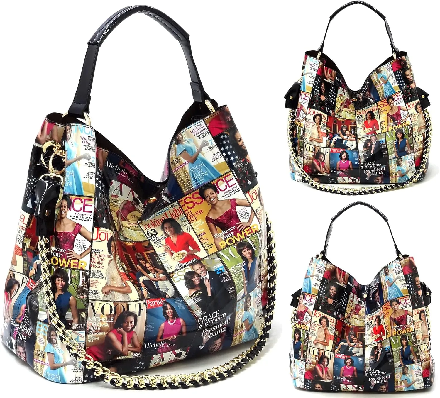 2PCS SET Michelle Obama Magazine Collage 2-in-1 Hobo, Satchel Bag,Crossbody, Clutch,Wallet 2pcs set