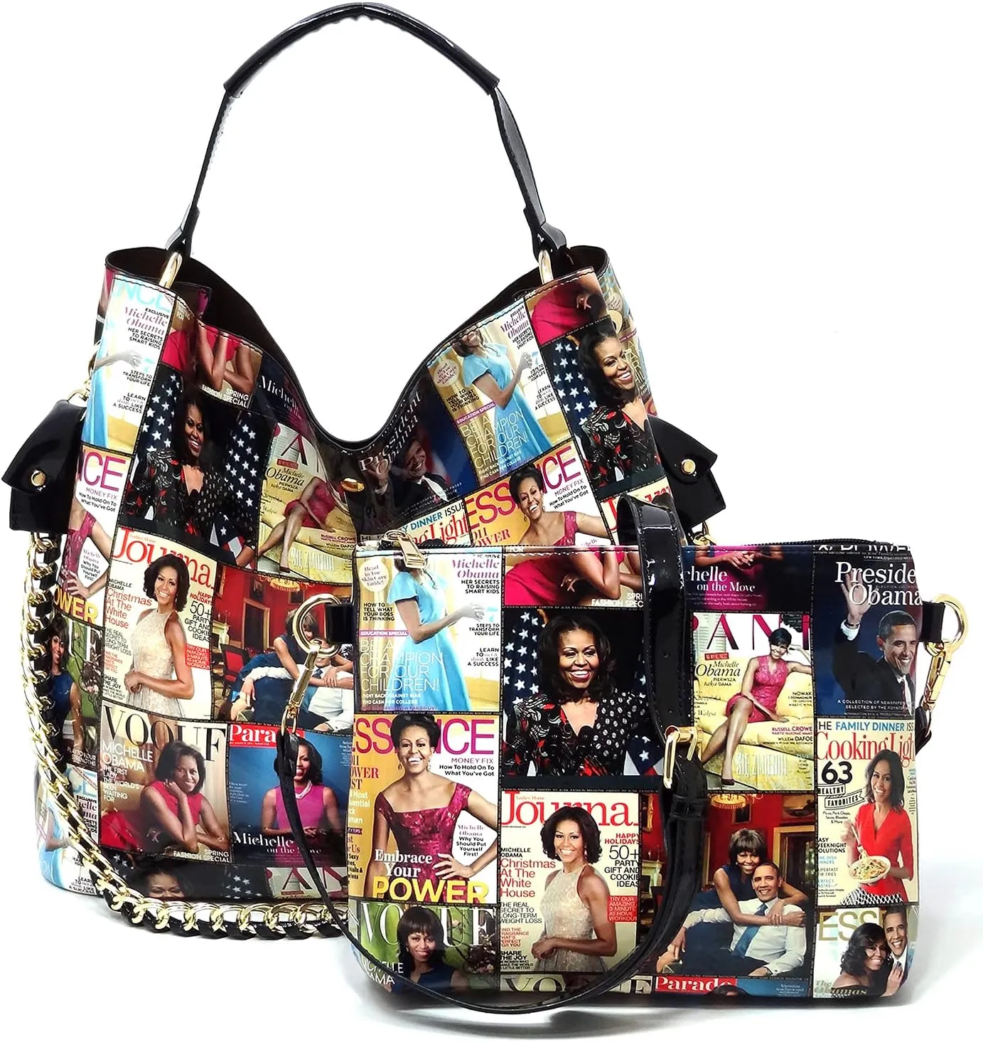 2PCS SET Michelle Obama Magazine Collage 2-in-1 Hobo, Satchel Bag,Crossbody, Clutch,Wallet 2pcs set