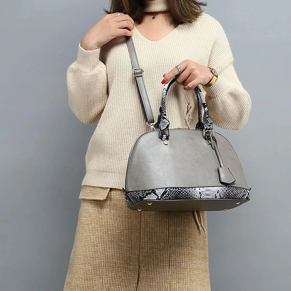 2Pcs Women Shell Handbag Serpentine Shoulder Bag PU Leather Purse Fashion Top-Handle Satchel Zipper Crossbody Tote
