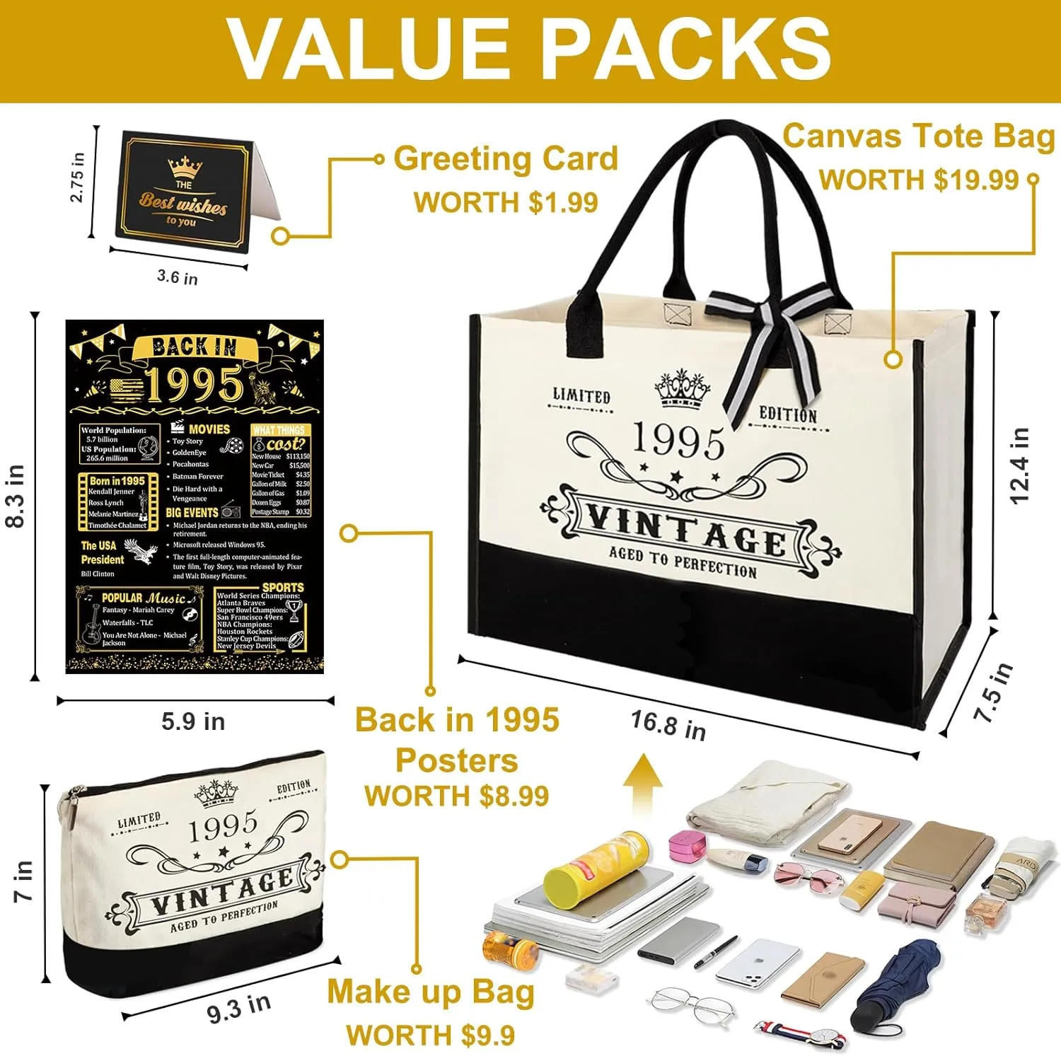 30th Birthday Gifts for Women Canvas Tote Bag Travel Gear, Unique 30 Years Old Birthday Gifts for Mom Wife Aunt Friends Her, Vintage 1995 Handbag & Cosmetic Bag & Back in 1995 Poster