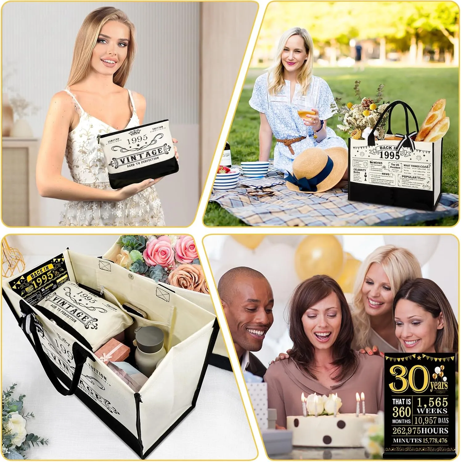30th Birthday Gifts for Women Canvas Tote Bag Travel Gear, Unique 30 Years Old Birthday Gifts for Mom Wife Aunt Friends Her, Vintage 1995 Handbag & Cosmetic Bag & Back in 1995 Poster