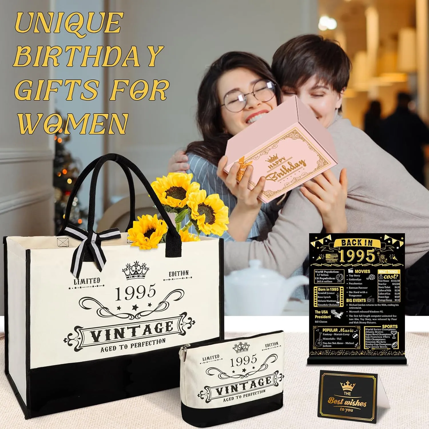 30th Birthday Gifts for Women Canvas Tote Bag Travel Gear, Unique 30 Years Old Birthday Gifts for Mom Wife Aunt Friends Her, Vintage 1995 Handbag & Cosmetic Bag & Back in 1995 Poster