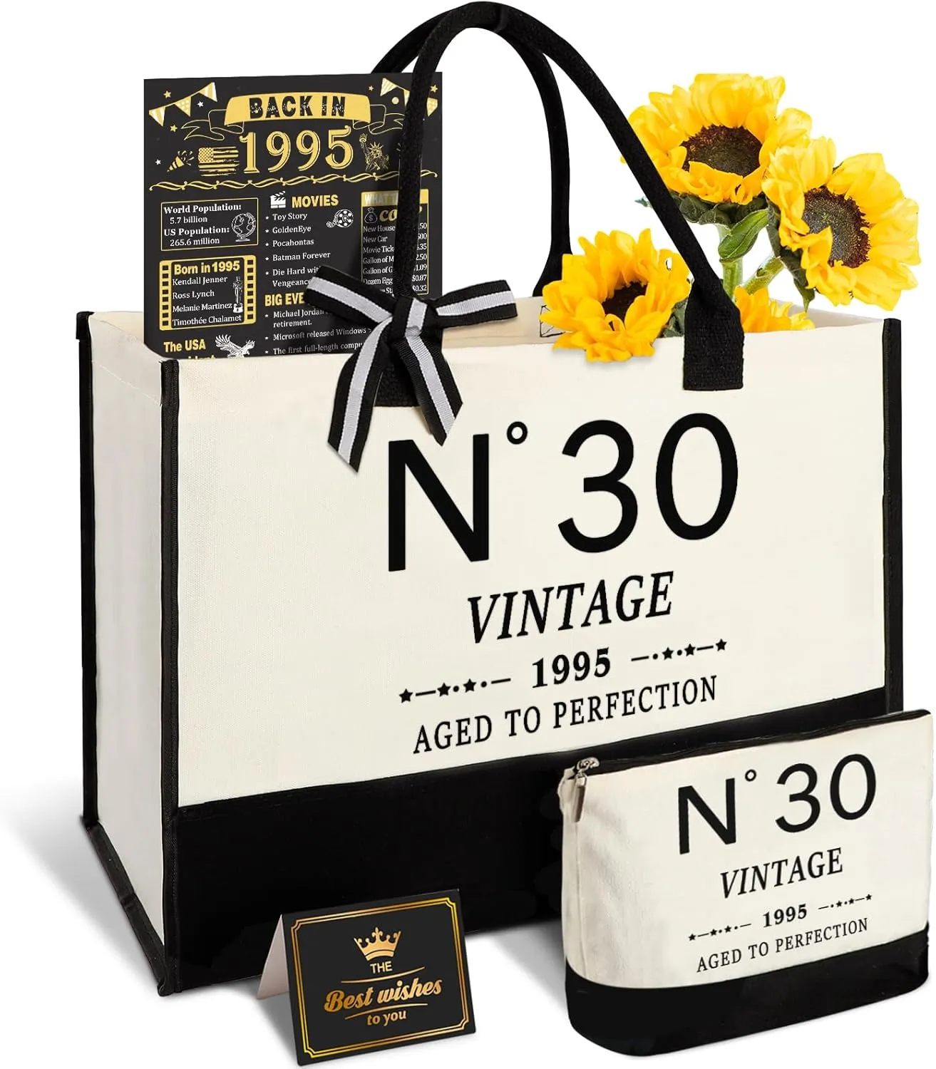 30th Birthday Gifts for Women Canvas Tote Bag Travel Gear, Unique 30 Years Old Gifts for Wife Sister Mom Aunt Friends Her, Vintage N°30 Handbag & Cosmetic Bag & Back in 1995 Poster