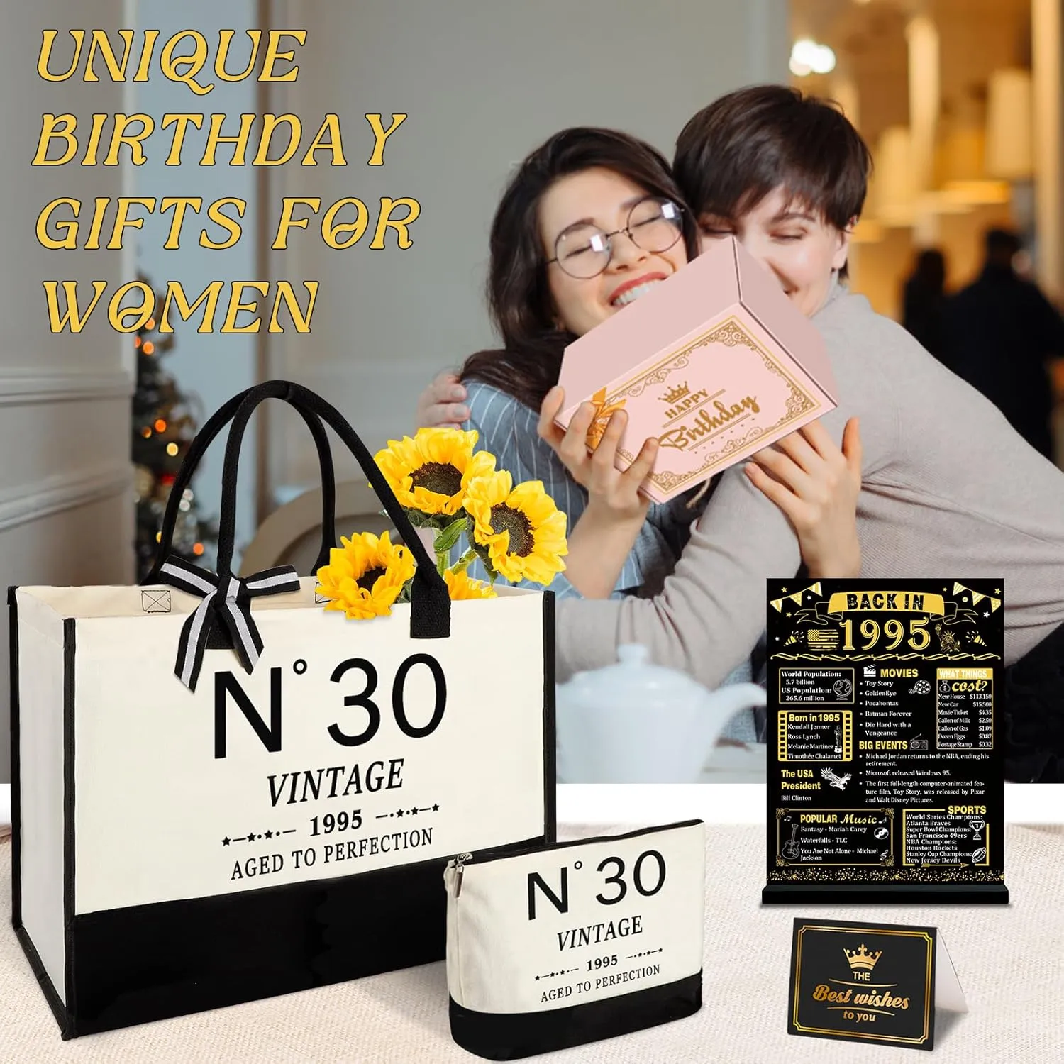 30th Birthday Gifts for Women Canvas Tote Bag Travel Gear, Unique 30 Years Old Gifts for Wife Sister Mom Aunt Friends Her, Vintage N°30 Handbag & Cosmetic Bag & Back in 1995 Poster