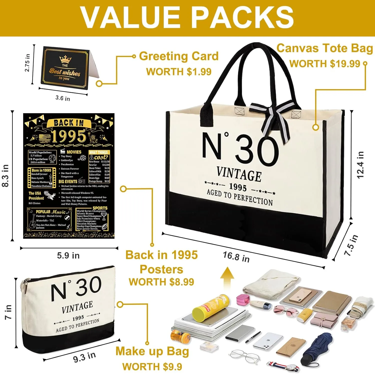 30th Birthday Gifts for Women Canvas Tote Bag Travel Gear, Unique 30 Years Old Gifts for Wife Sister Mom Aunt Friends Her, Vintage N°30 Handbag & Cosmetic Bag & Back in 1995 Poster