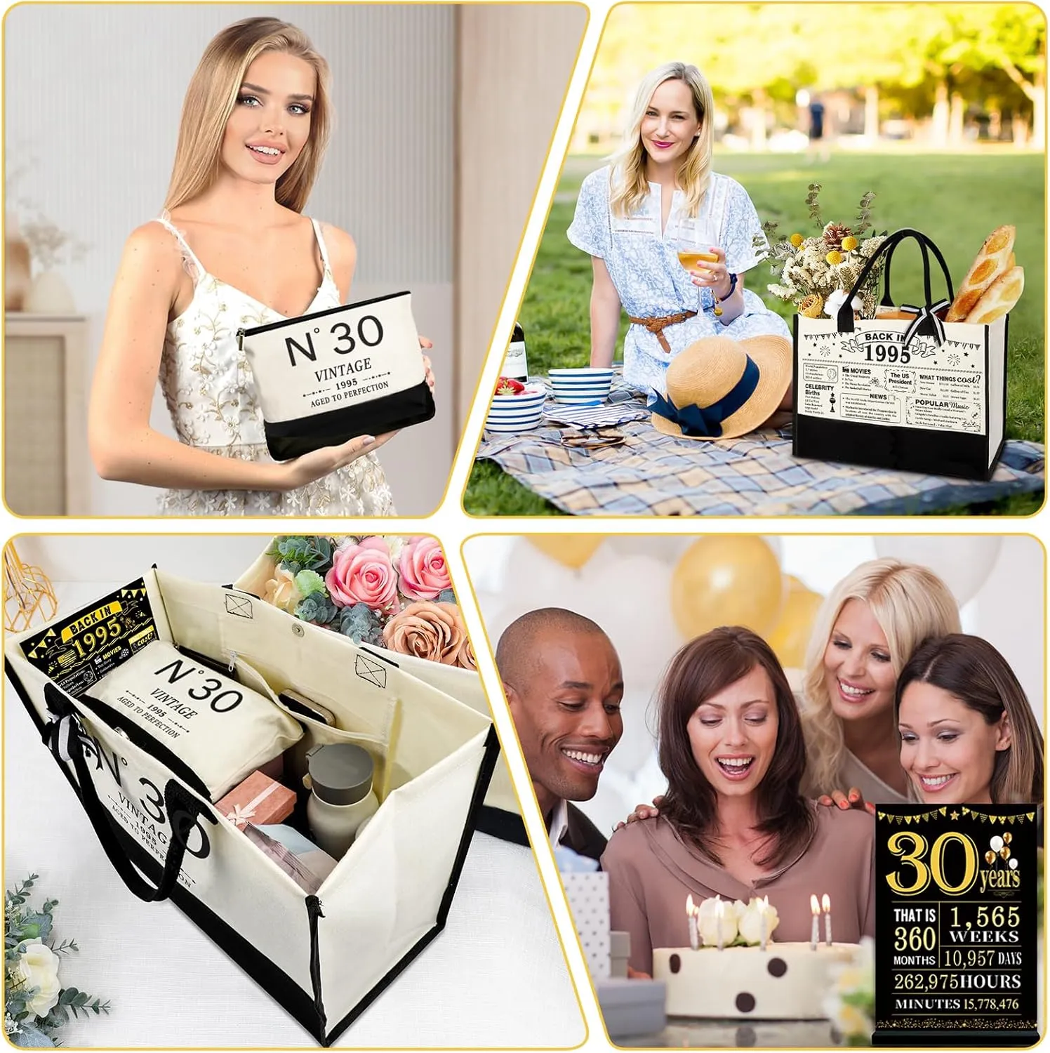 30th Birthday Gifts for Women Canvas Tote Bag Travel Gear, Unique 30 Years Old Gifts for Wife Sister Mom Aunt Friends Her, Vintage N°30 Handbag & Cosmetic Bag & Back in 1995 Poster