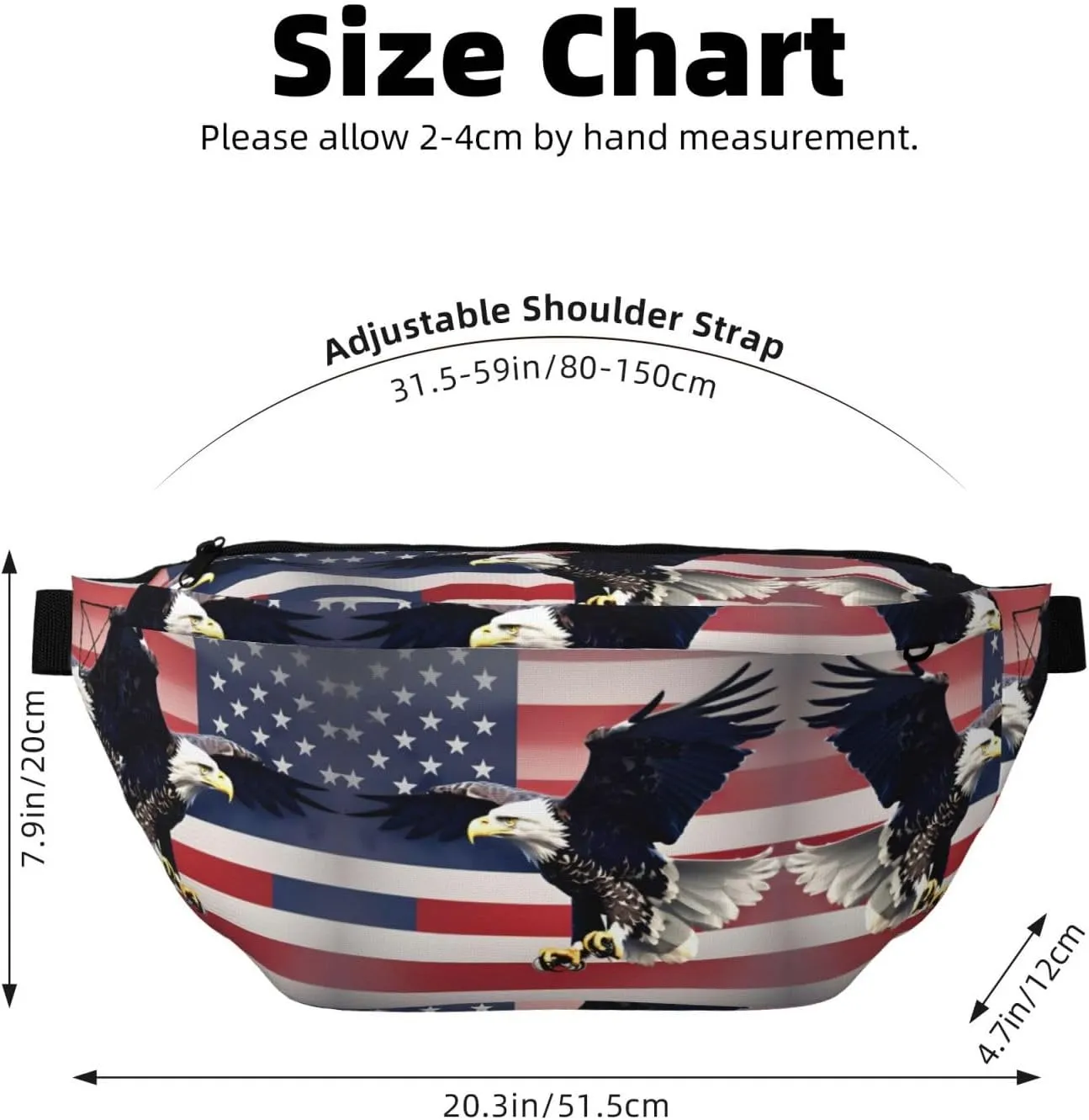3D Bald Eagle Flying with American Flag Multi-Purpose Fanny Pack and Crossbody Bag - High Capacity with Zipper Pockets, Ideal for Men and Women
