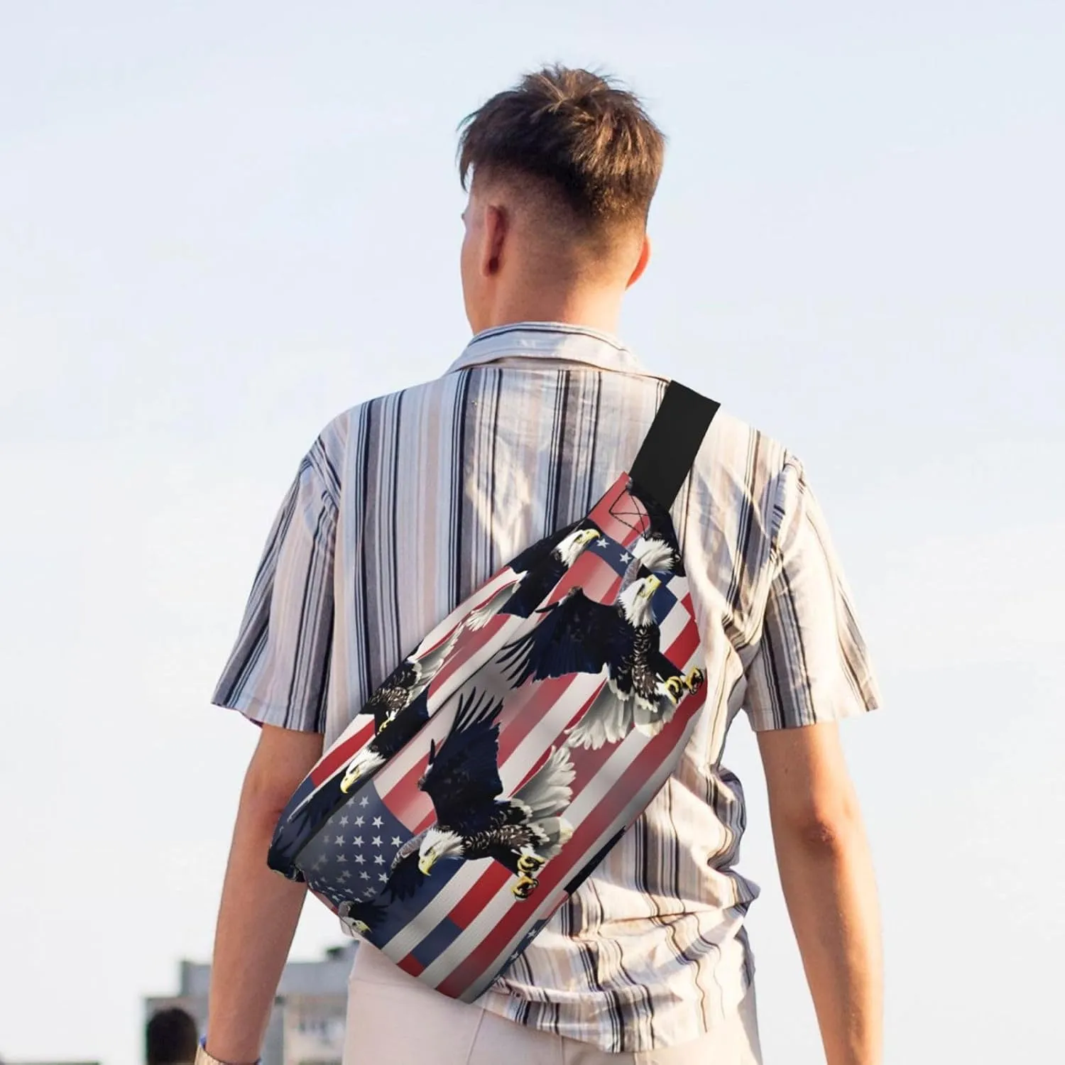 3D Bald Eagle Flying with American Flag Multi-Purpose Fanny Pack and Crossbody Bag - High Capacity with Zipper Pockets, Ideal for Men and Women