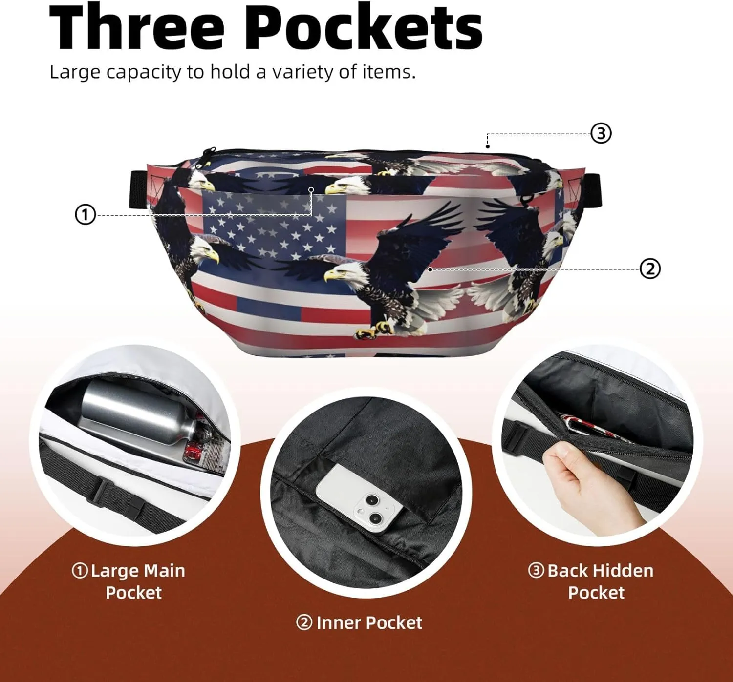 3D Bald Eagle Flying with American Flag Multi-Purpose Fanny Pack and Crossbody Bag - High Capacity with Zipper Pockets, Ideal for Men and Women