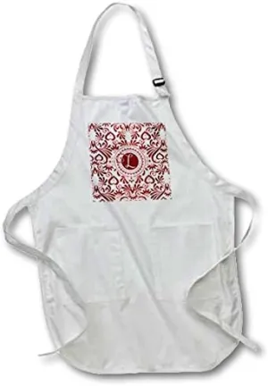 3D Rose apr_245305_4 Monogram L in Vivid Rich Red & White Swirl Hues Full Length Apron - with Pockets, Black, 22 by 30"