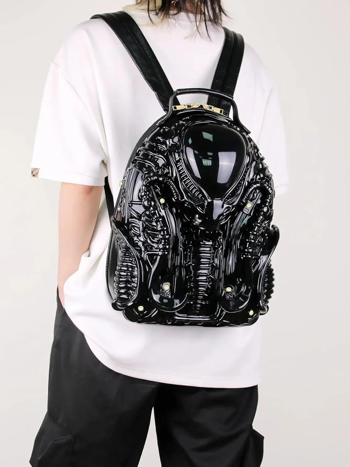 3D Xenomorph Shaped Backpack Steam Punk for Men Women Y2K Personality Travel Handbag PVC Unique Novelty Alien Purse (black)