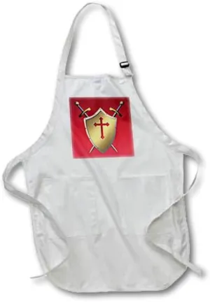 3dRose apr_40074_4 Golden Shield with Crossed Swords and Christian Cross and Background Full Length Apron with Pockets, 22 by 30-Inch, Black