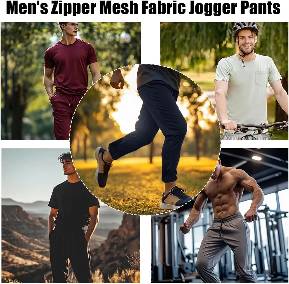 3PC Men's Zipper Mesh Fabric Jogger Pants - Breathable & Flexible Fit, Comfortable for Sports & Casual Wear