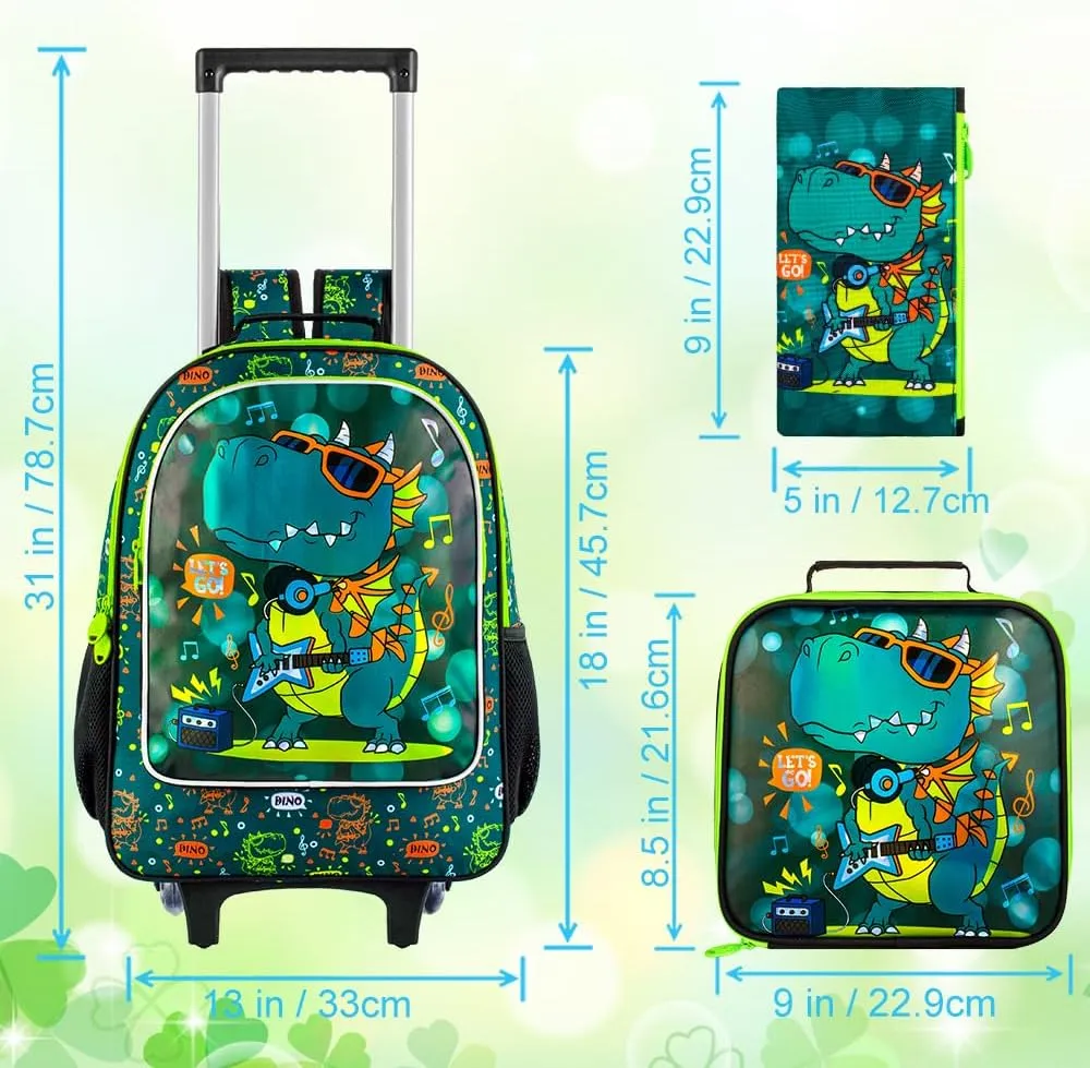 3Pcs Dinosaur Rolling Backpack for Boys, Kids School Backpacks with Wheels, Roller Bookbag with Lunch Box for Elementary Preschool(Green)