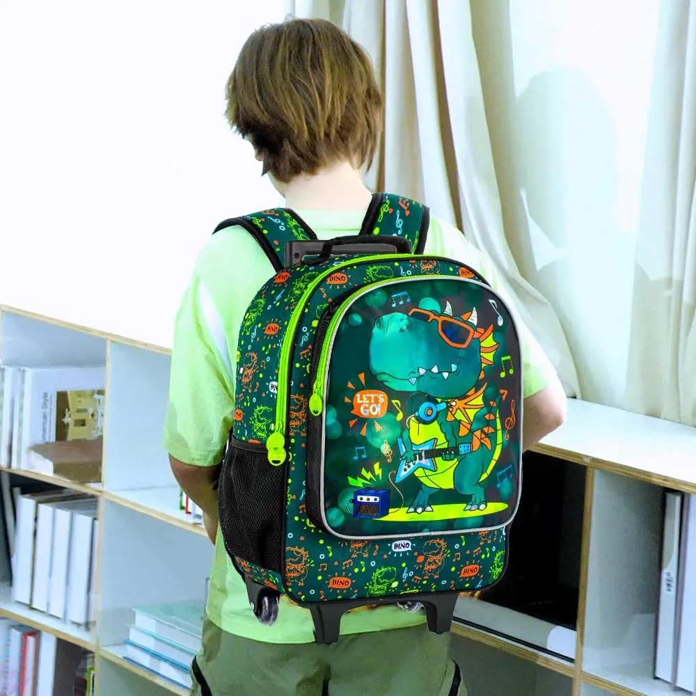 3Pcs Dinosaur Rolling Backpack for Boys, Kids School Backpacks with Wheels, Roller Bookbag with Lunch Box for Elementary Preschool(Green)