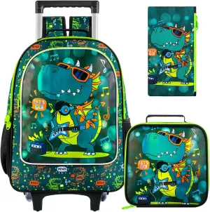 3Pcs Dinosaur Rolling Backpack for Boys, Kids School Backpacks with Wheels, Roller Bookbag with Lunch Box for Elementary Preschool(Green)