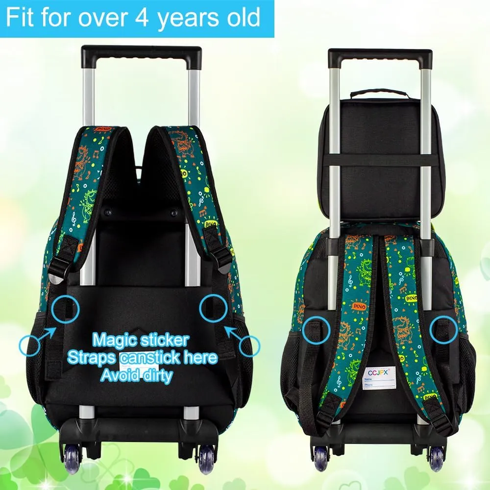 3Pcs Dinosaur Rolling Backpack for Boys, Kids School Backpacks with Wheels, Roller Bookbag with Lunch Box for Elementary Preschool(Green)