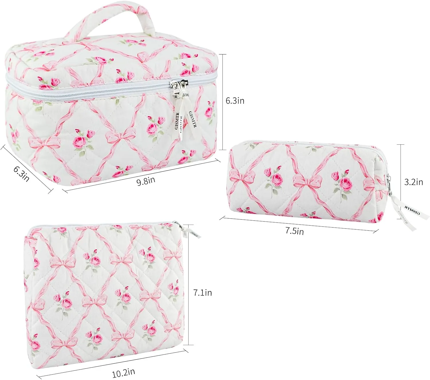 3PCS Makeup Bag Set, Cute Quilted Floral Cosmetic Bag, Large Travel Aesthetic Make up Bag, Coquette Makeup Pouch Toiletry Bag for Women Girls