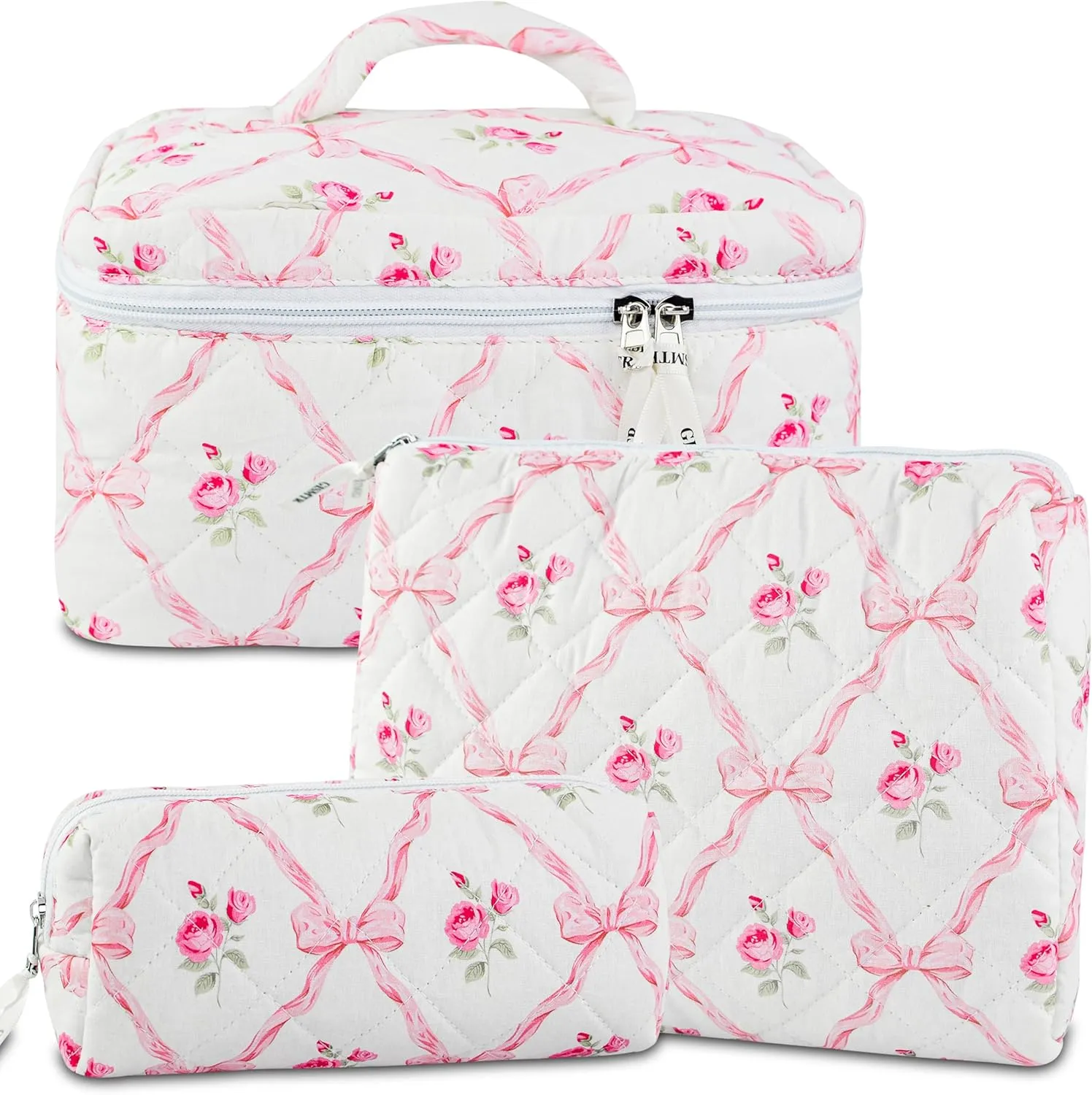 3PCS Makeup Bag Set, Cute Quilted Floral Cosmetic Bag, Large Travel Aesthetic Make up Bag, Coquette Makeup Pouch Toiletry Bag for Women Girls