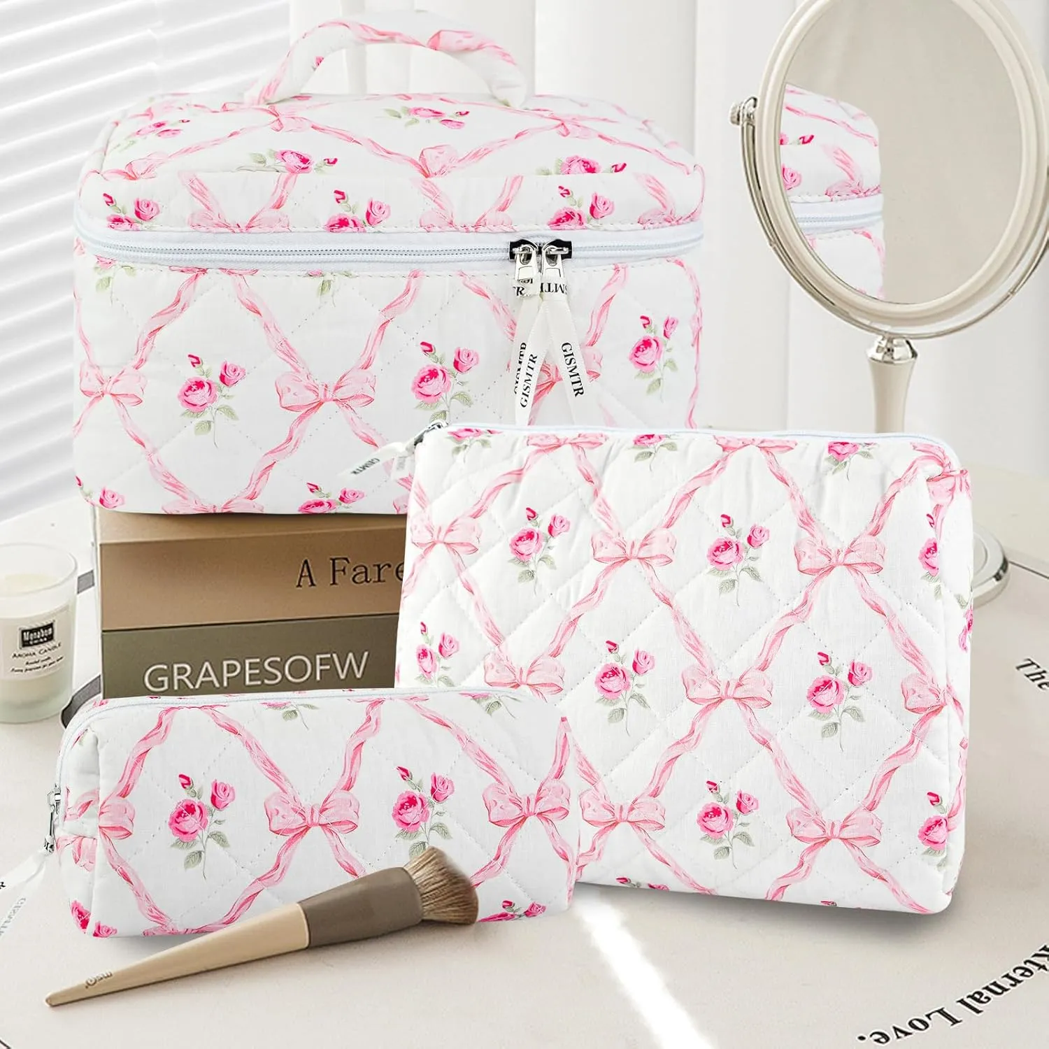 3PCS Makeup Bag Set, Cute Quilted Floral Cosmetic Bag, Large Travel Aesthetic Make up Bag, Coquette Makeup Pouch Toiletry Bag for Women Girls