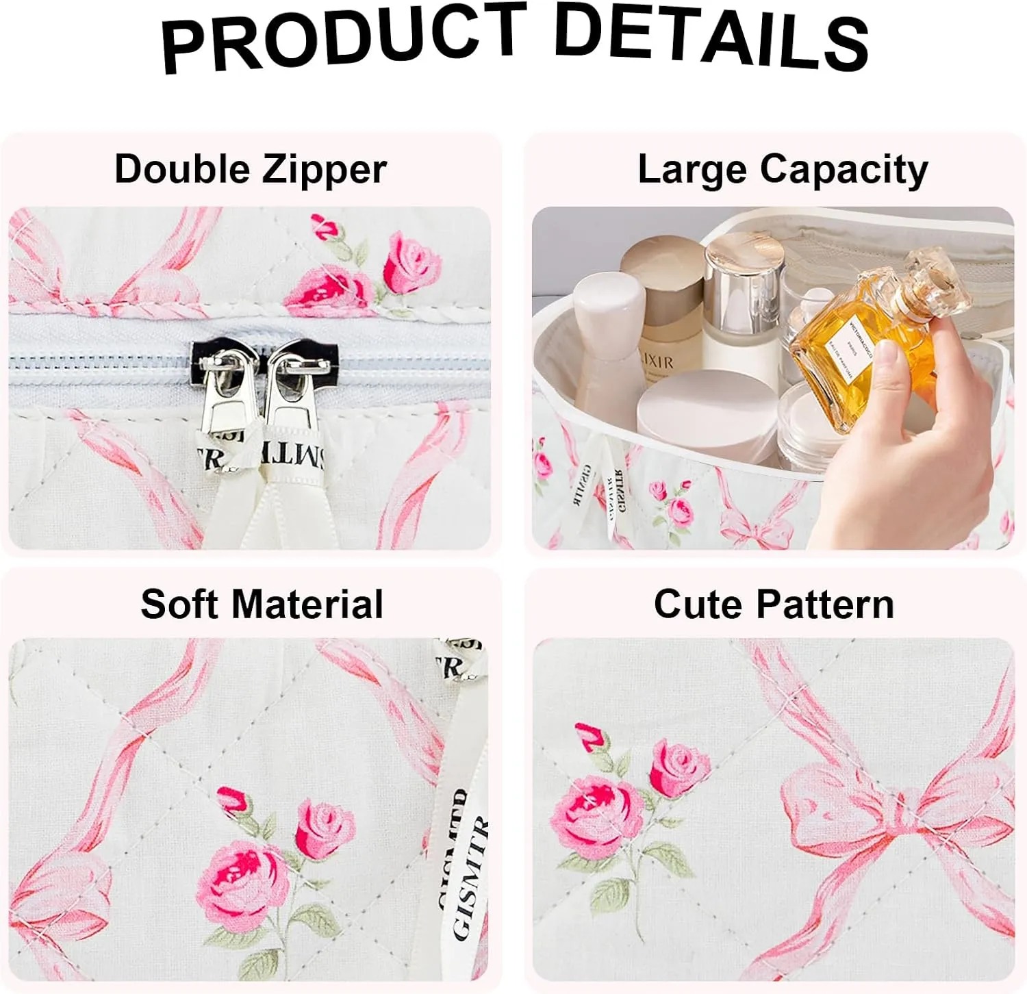 3PCS Makeup Bag Set, Cute Quilted Floral Cosmetic Bag, Large Travel Aesthetic Make up Bag, Coquette Makeup Pouch Toiletry Bag for Women Girls