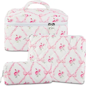 3PCS Makeup Bag Set, Cute Quilted Floral Cosmetic Bag, Large Travel Aesthetic Make up Bag, Coquette Makeup Pouch Toiletry Bag for Women Girls