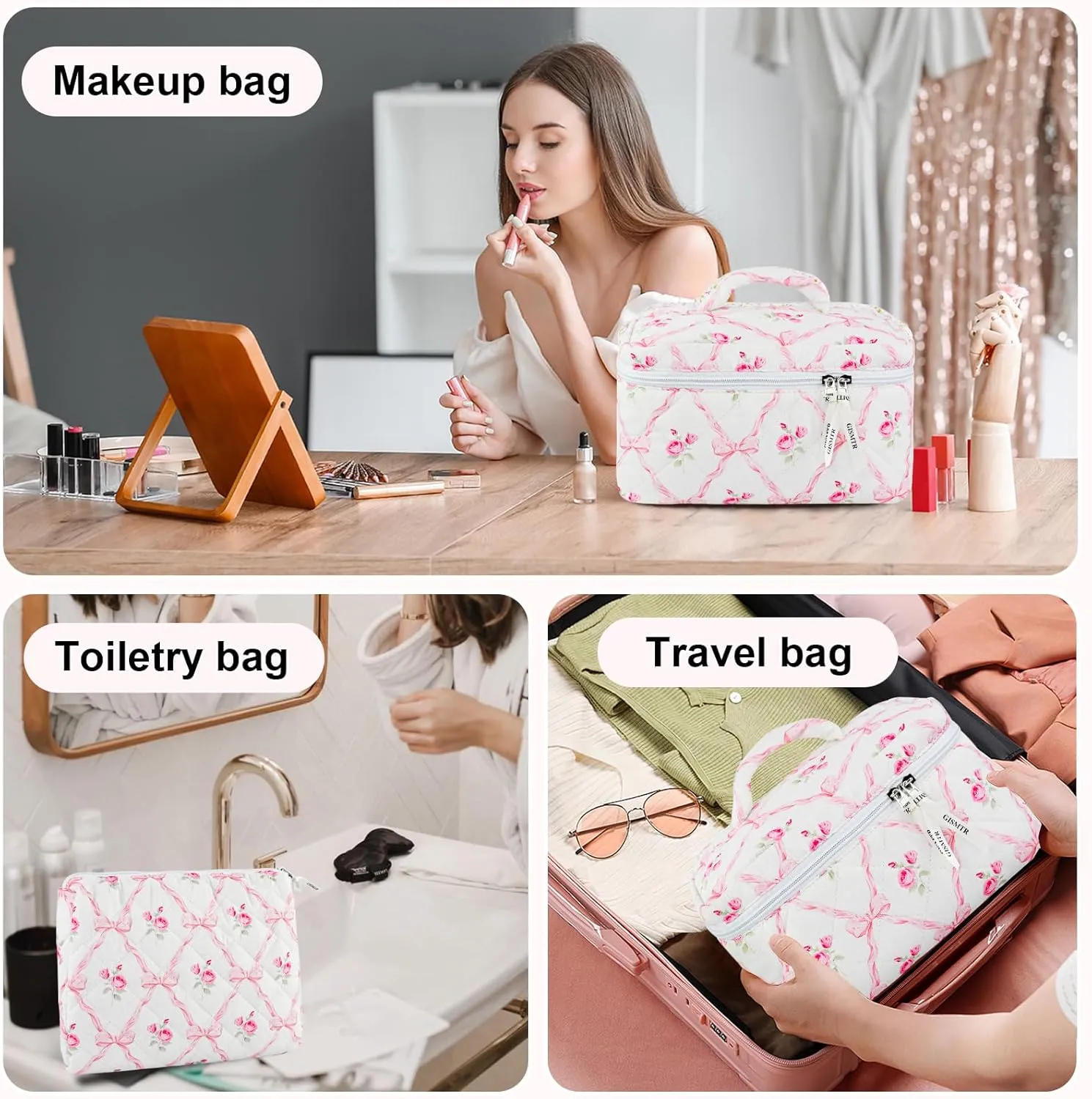 3PCS Makeup Bag Set, Cute Quilted Floral Cosmetic Bag, Large Travel Aesthetic Make up Bag, Coquette Makeup Pouch Toiletry Bag for Women Girls